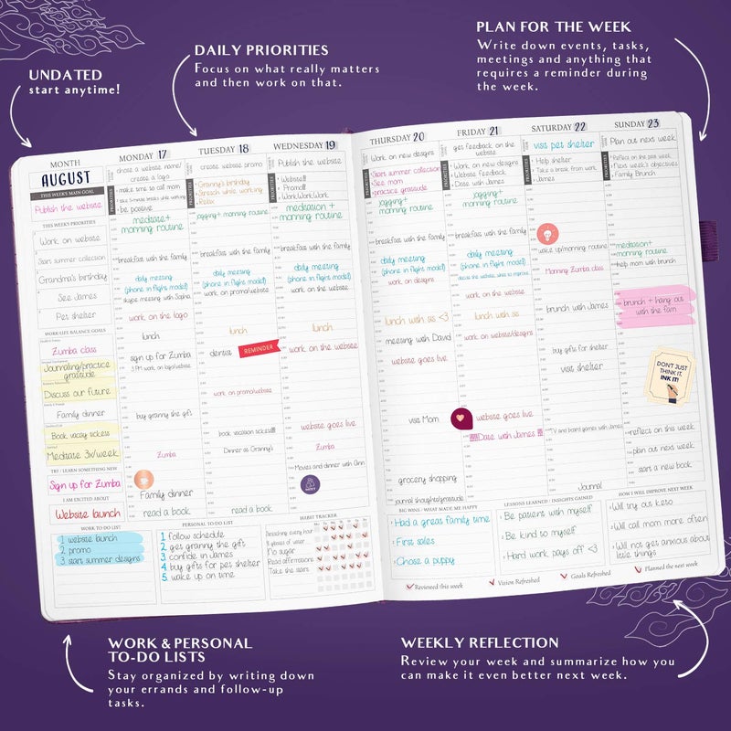 Legend Planner PRO Hourly Schedule - Weekly & Daily Organizer with Time Slots. Appointment Book Journal for Work & Personal, A4 (Purple) - Image 3